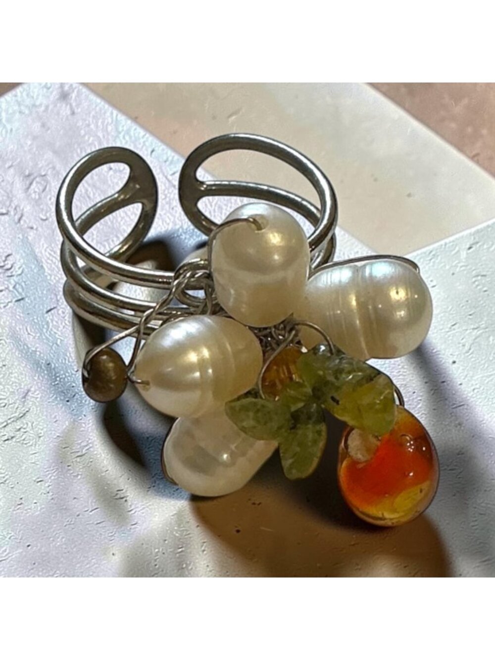 Freshwater Pearl Cluster Adjustable Silver Tone Ring Beach Wear Coastal
